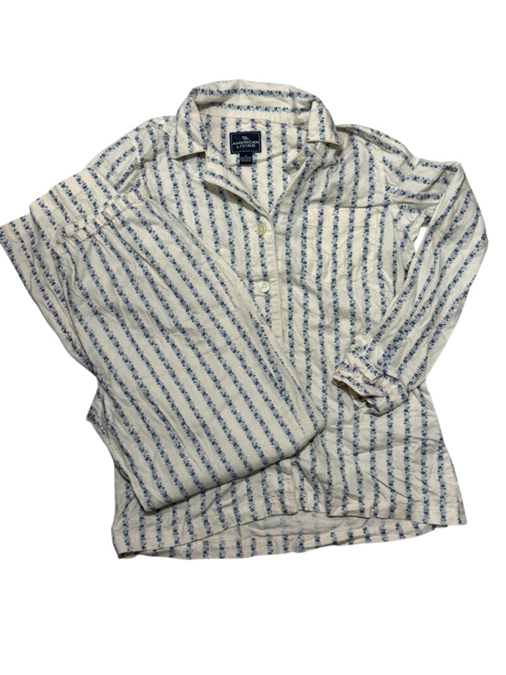 American Living Cotton Floral Stripe Button-Front Pajama Set Cream Blue  Size S